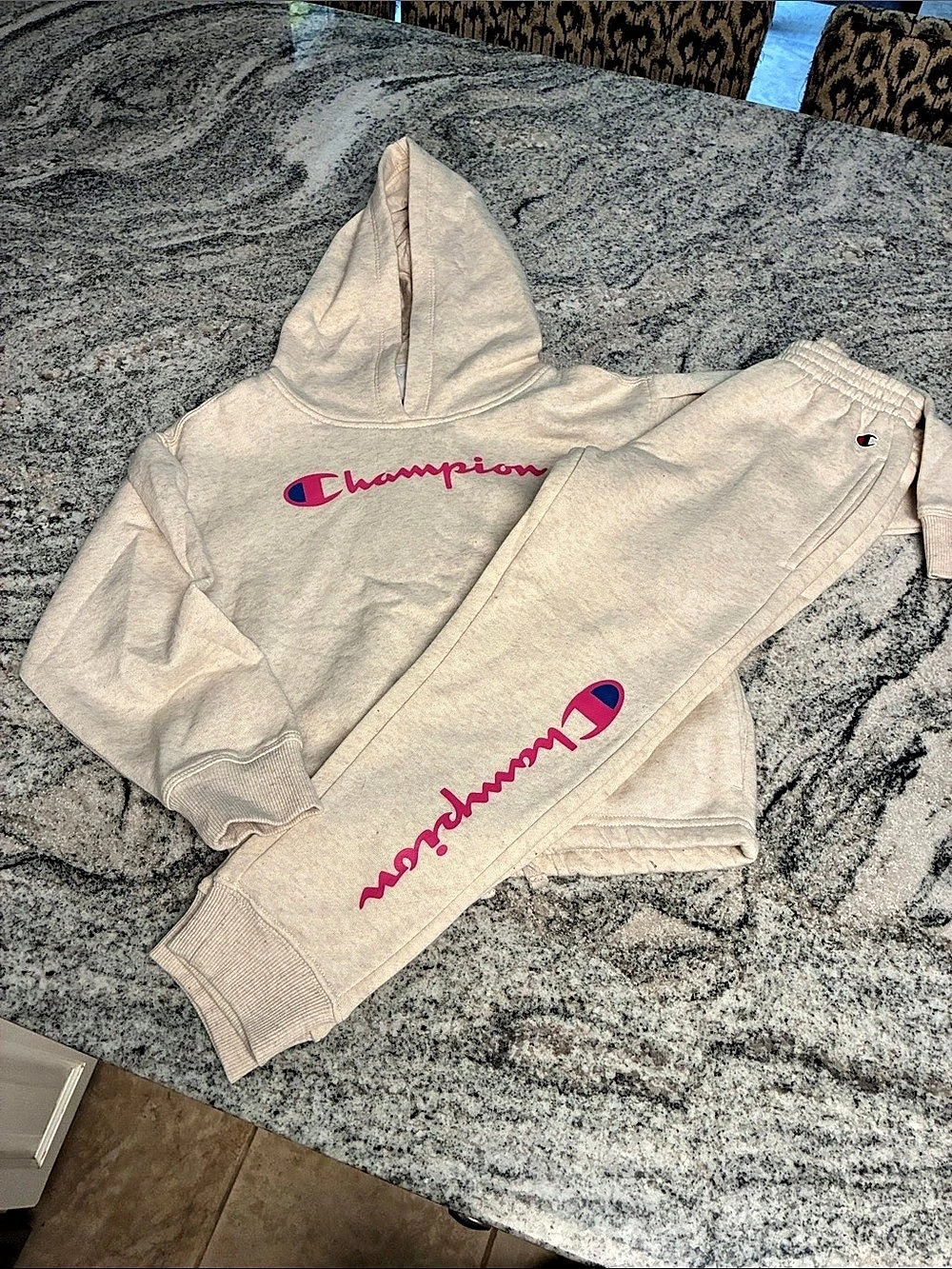 Champion Script Logo Hoodie and Joggers Set Cream & Pink Size 6